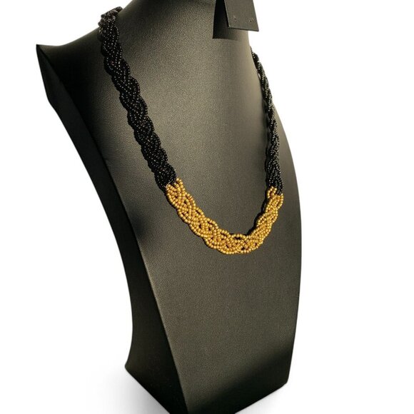 Two-Tone Black & Gold Beaded Braided Necklace With Adjustable Chain Closure 19"L - Picture 2 of 7